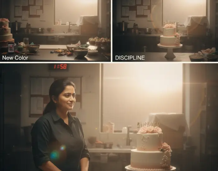 Cake Artist Relaxing After Completing the Final Cake Design A cake artist standing calmly in the bakery after completing the final cake masterpiece