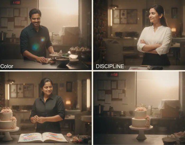 Cake Artist Embracing Creativity After Overcoming Challenges A cake artist standing confidently with a colorful cake design sketch, representing creativity after challenges