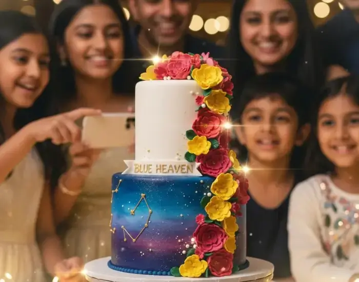 Galaxy theme cake with colourful flowers by Blue Heaven