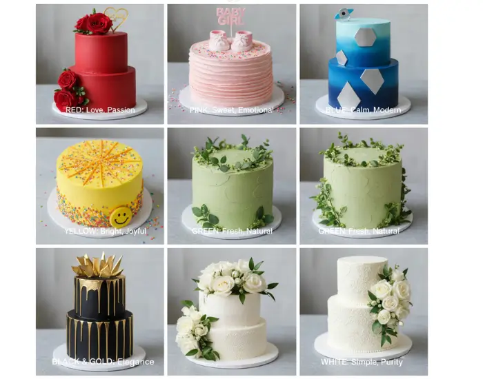 Cake designs in red, pink, yellow, green, black-gold and white colours by Blue Heaven