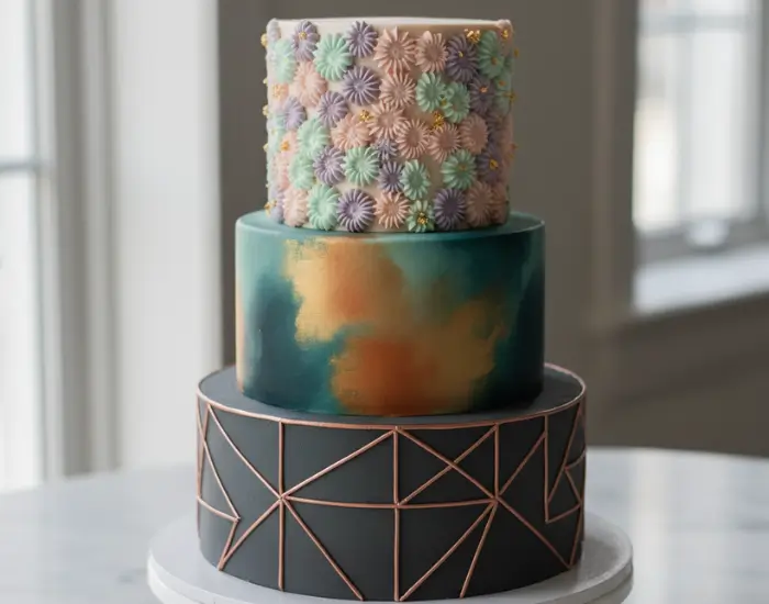 Multi-tier cake featuring pastel flowers, metallic colour blend and geometric design by Blue Heaven