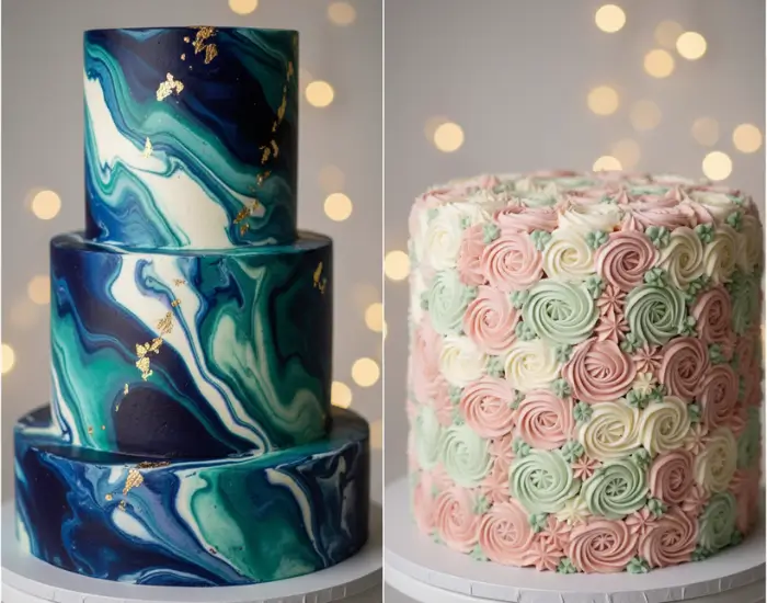 Artistic marble effect cake and pastel rosette texture cake by Blue Heaven