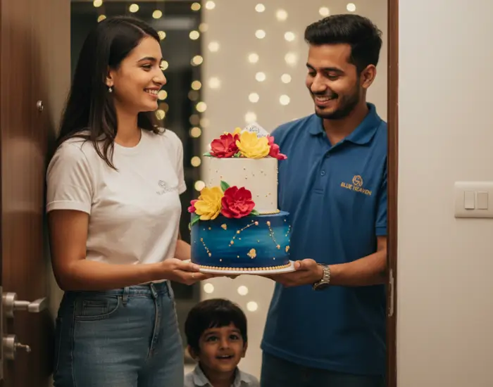 Blue Heaven delivery boy delivering a colourful floral celebration cake to a customer