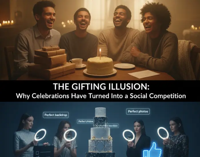 Friends celebrating a birthday with gifts and cake, highlighting how modern celebrations have turned into a social competition