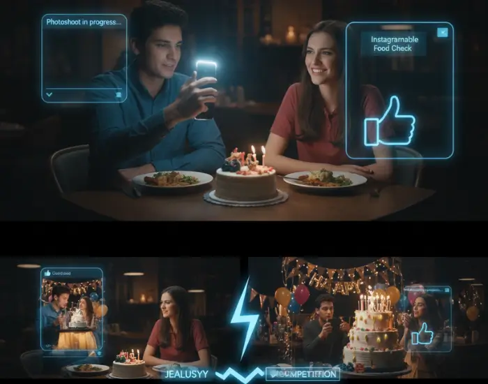 A man taking photos of a birthday cake during a celebration instead of enjoying the moment, showing how social media has turned celebrations into performances