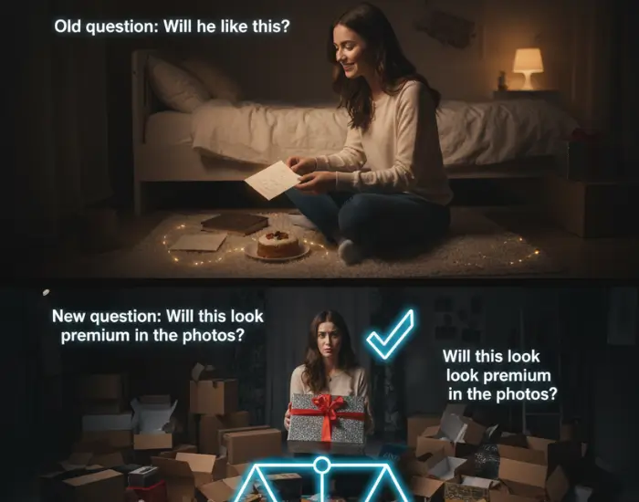 A woman choosing a birthday gift with a cake beside her, showing how gifting has shifted from emotional value to how premium it will look in photos