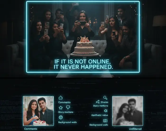 People taking photos of a birthday cake instead of enjoying the moment, showing how celebrations feel incomplete unless shared on social media