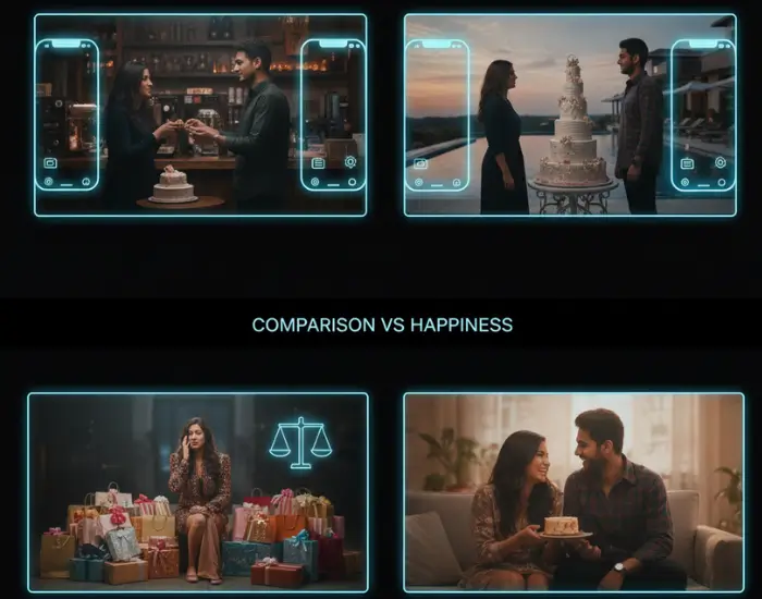 A couple celebrating with a birthday cake while focusing on social media comparison, highlighting how celebrations are driven by competition instead of genuine happiness