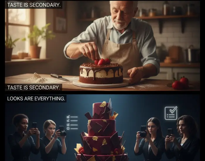 A baker decorating a cake while others focus on taking pictures of a designer cake, showing how modern celebrations prioritize appearance over taste
