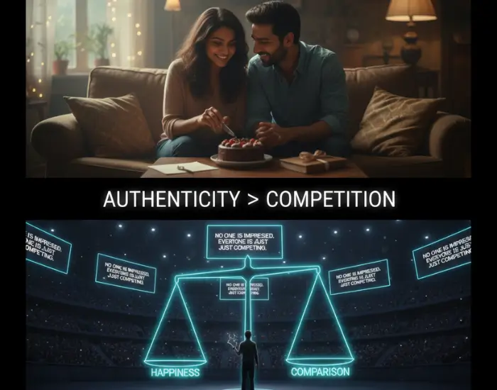 A couple enjoying a simple cake moment together, showing how genuine celebrations are more meaningful than social media competition