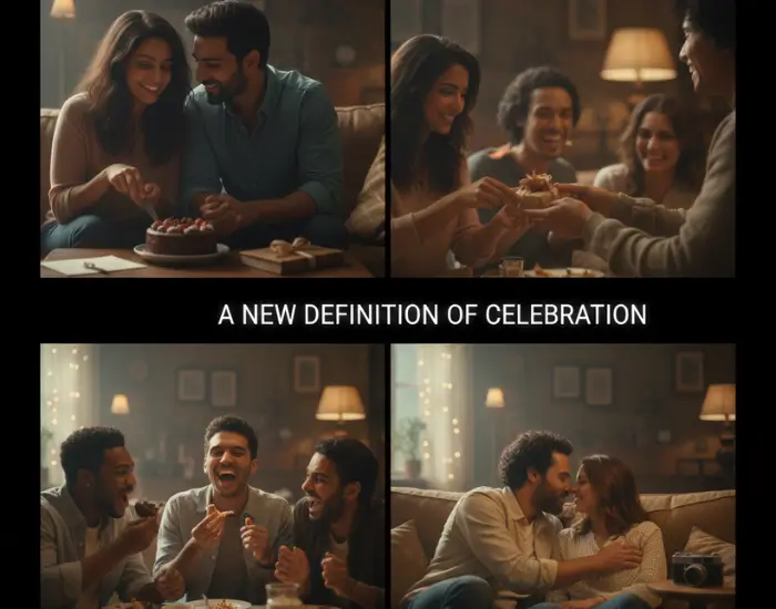 Friends enjoying a cake together with genuine laughter, showing how real celebrations are about moments and emotions, not social media approval