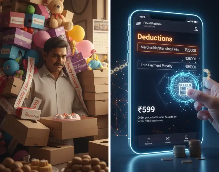 A frustrated local baker surrounded by unwanted branded boxes and merchandise forced upon him by online food platforms