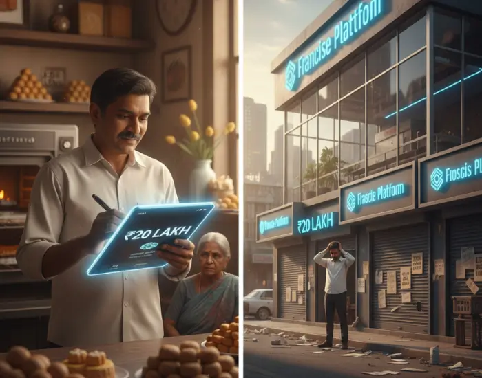 A worried local bakery owner signing a ₹20 lakh franchise agreement, symbolizing the financial pressure imposed by online food platforms