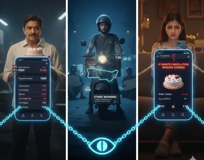 A delivery partner on a bike showing reduced payouts and commission cuts, highlighting how delivery aggregators underpay riders and drain vendor profits