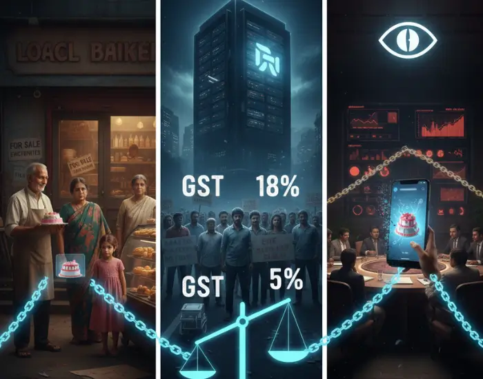 Image showing GST disparity where local bakeries pay 18% tax while large online platforms pay only 5%, highlighting inequality in the food business ecosystem