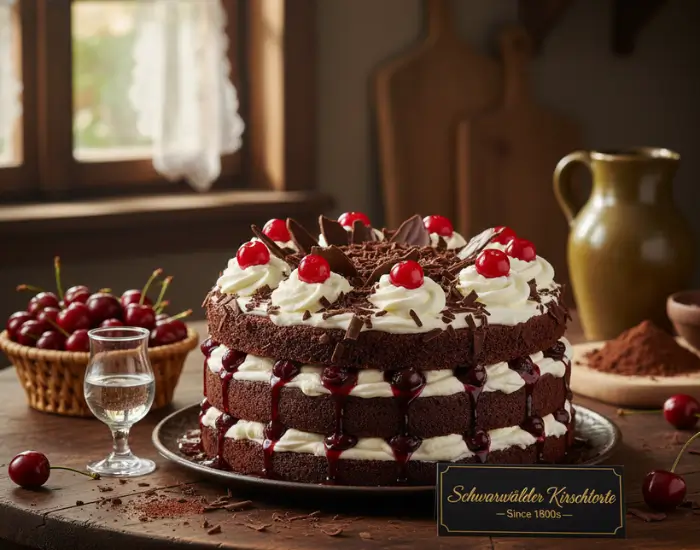 Black Forest Cake Recipe by Blue Heaven Black Forest cake with whipped cream cherries and chocolate shavings by Blue Heaven