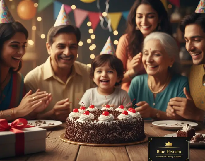 Black Forest Cake Birthday Celebration by Blue Heaven Family celebrating a birthday with a Black Forest cake topped with cherries by Blue Heaven