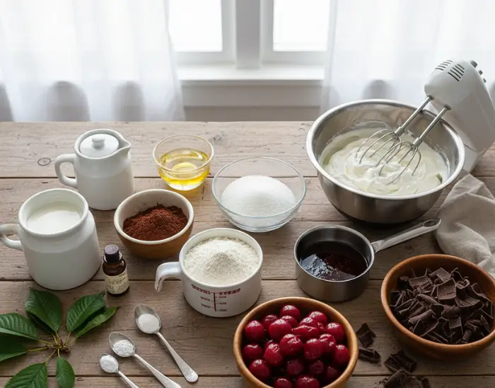 Black Forest Cake Ingredients Setup Ingredients for making Black Forest cake including cherries cocoa powder sugar and cream