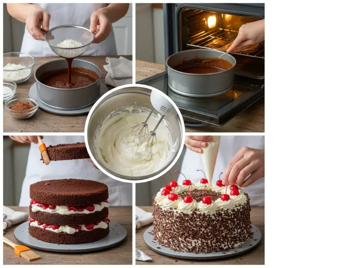 Black Forest Cake Making Process Step by step process of preparing and decorating a Black Forest cake with chocolate sponge cream and cherries