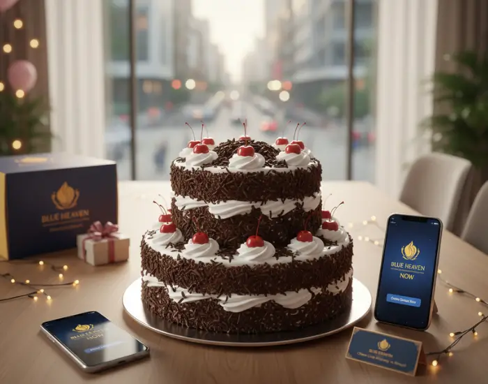 Black Forest Cake by Blue Heaven Black Forest cake with cherries and cream displayed with Blue Heaven packaging and mobile app box