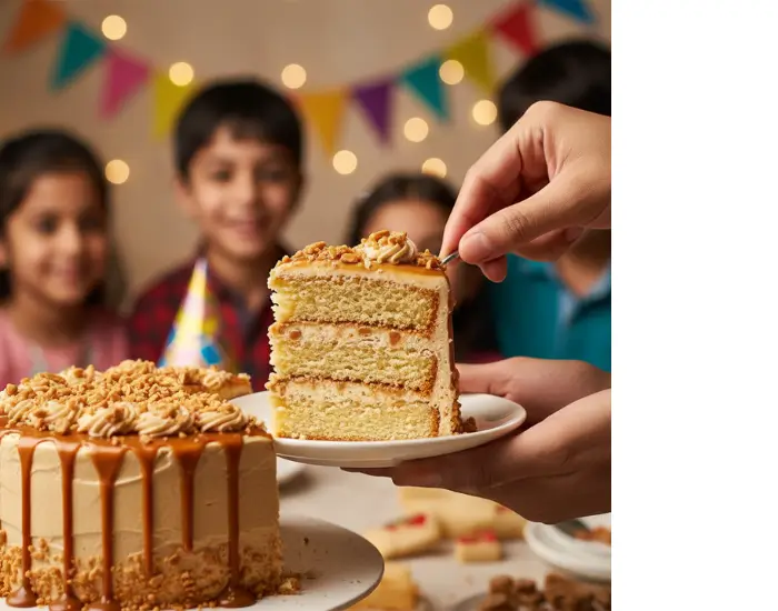 eggless butterscotch cake slice being served at a birthday celebration in bhopal