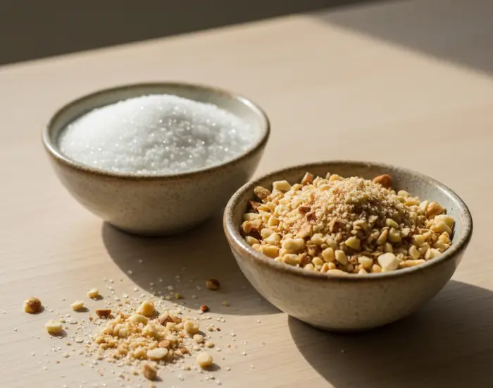 Ingredients for making praline topping for eggless butterscotch cake