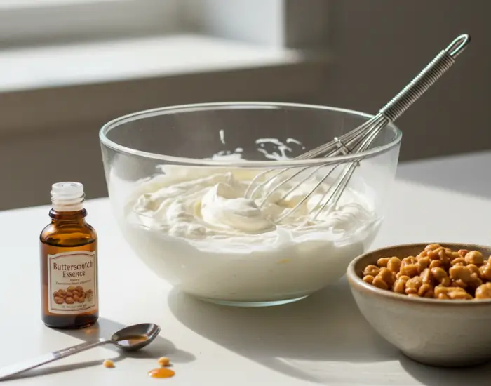 eggless butterscotch cake frosting preparation with whipped cream