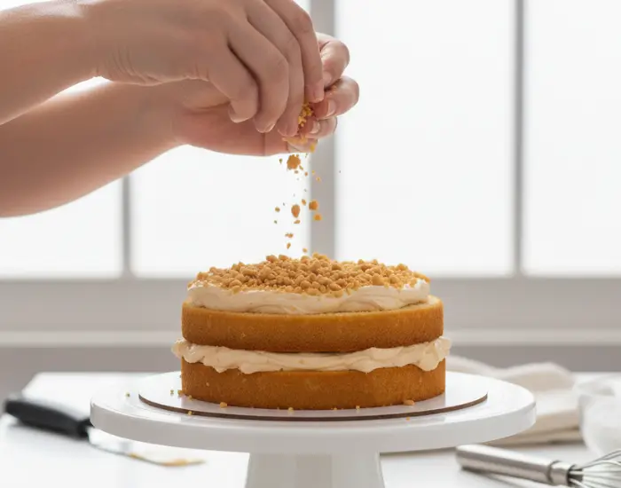 Eggless Butterscotch cake decoration with praline – Blue Heaven recipe