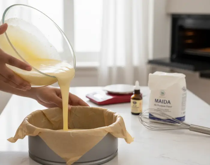 Pouring Cake Batter – Fresh Fruit Cake Step 1 Cake batter being poured into a lined tin – Fresh Fruit Cake preparation