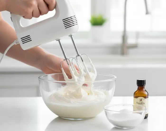 Whipping Cream – Fresh Fruit Cake Step 2 Whipped cream being prepared in a bowl – Fresh Fruit Cake recipe