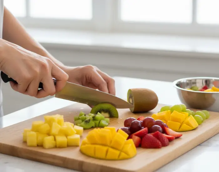 Chopping Fresh Fruits for Fruit Cake – Step 3 Fresh fruits being chopped for the fruit cake recipe
