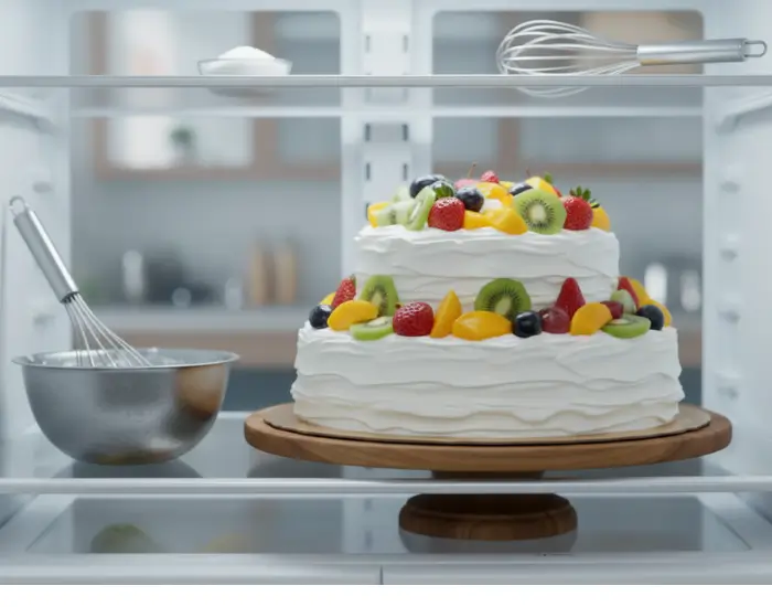 Fresh Fruit Cake Set in Fridge – Final Decoration Fresh fruit cake kept in fridge after final decoration