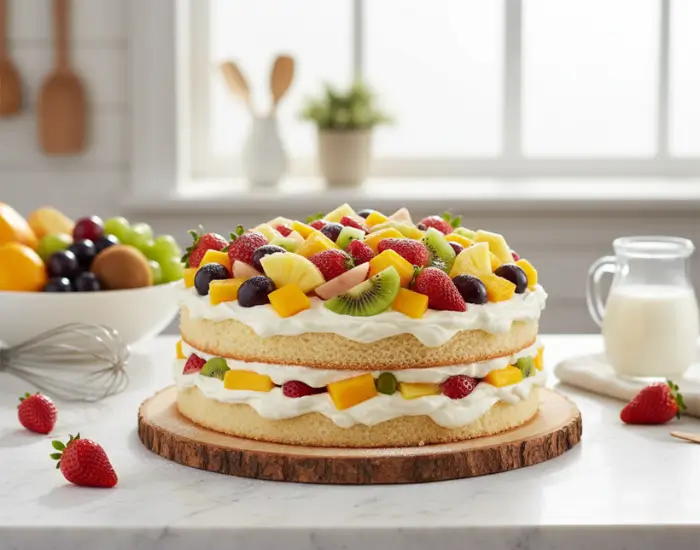 Fresh Fruit Cake Layer with Mixed Fruits Fresh fruit cake slice with whipped cream and assorted fruits