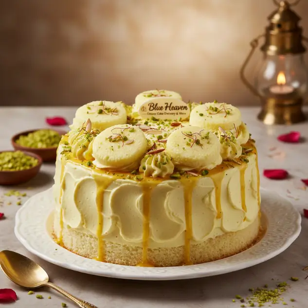 Eggless Rasmalai Cake with saffron milk and paneer balls