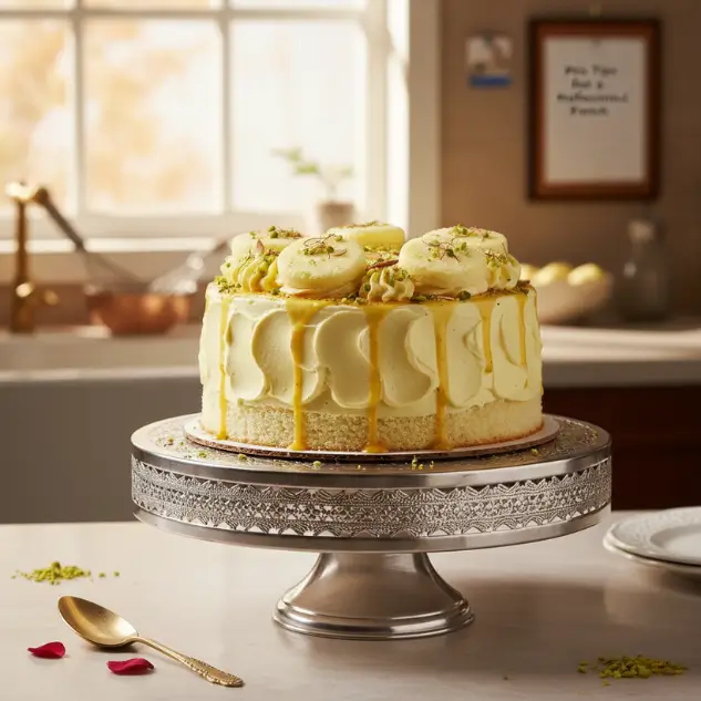 Eggless rasmalai cake decorated with whipped cream, saffron, pistachios and paneer milk balls