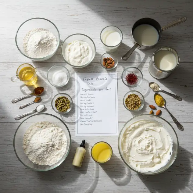 Ingredients used to make eggless rasmalai cake at home