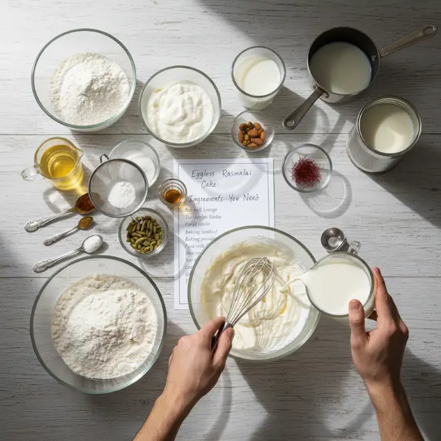 Mixing ingredients to prepare eggless rasmalai cake batter
