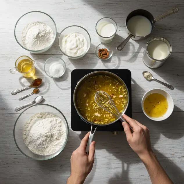 Cooking saffron flavoured milk syrup for eggless rasmalai cake