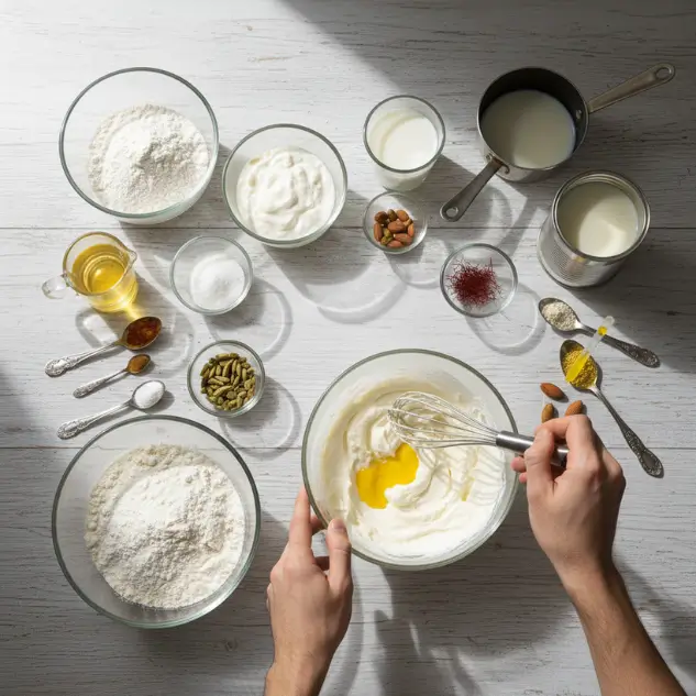 Mixing rasmalai flavoured cream for eggless rasmalai cake frosting