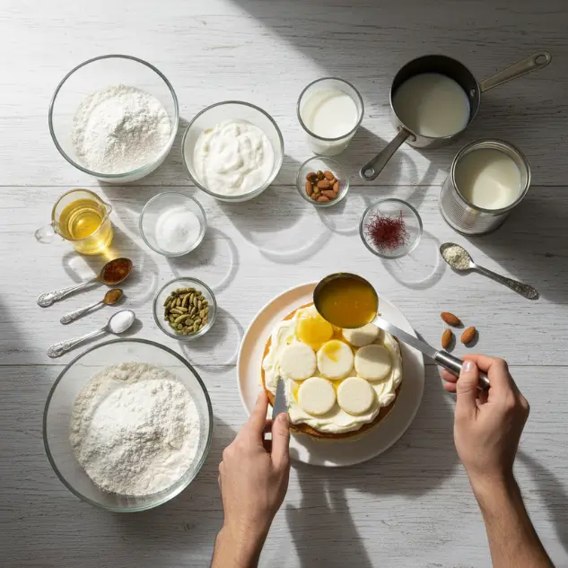 Pouring rasmalai milk syrup over eggless rasmalai cake sponge layers