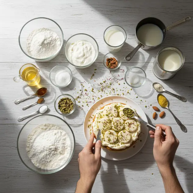 Garnishing eggless rasmalai cake with chopped pistachios and saffron strands