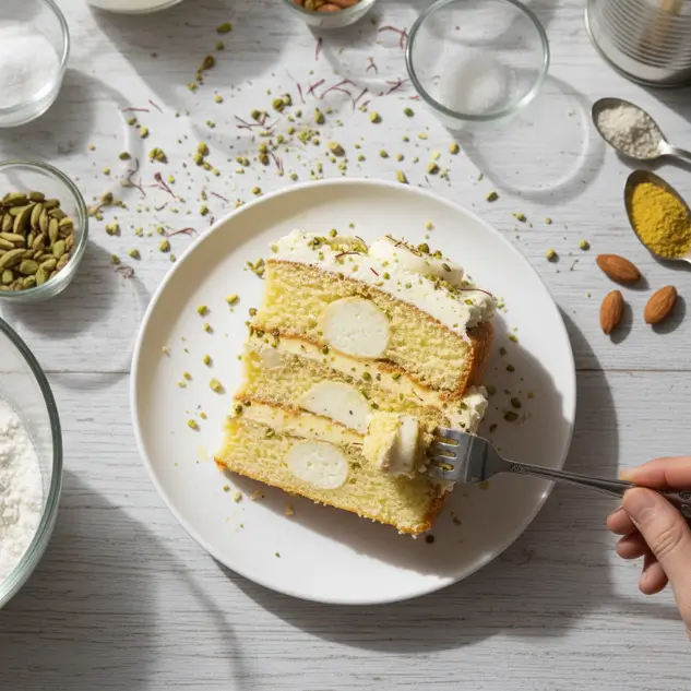 Eggless rasmalai cake slice showing soft sponge layers, cream filling and paneer milk balls