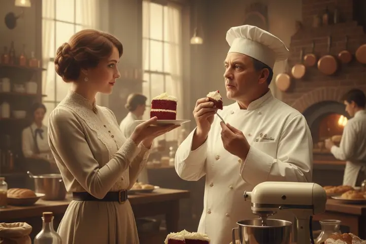 Eggless Red Velvet Cake Recipe by Blue Heaven | Online Cake Delivery in Bhopal Woman serving eggless red velvet cake with cream cheese frosting – Blue Heaven bakery style