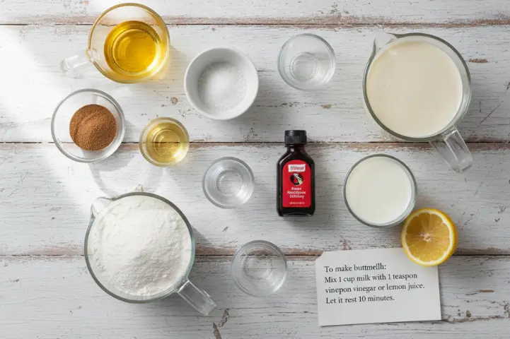 Eggless Red Velvet Cake Ingredients | Blue Heaven Recipe Blog Ingredients for eggless red velvet cake – flour, cocoa, oil, vanilla, buttermilk arranged on white background