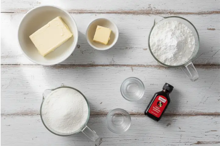 Cream Cheese Frosting Ingredients for Eggless Red Velvet Cake | Blue Heaven Recipe Blog Cream cheese frosting ingredients for eggless red velvet cake – cream cheese, butter, and sugar on a white background