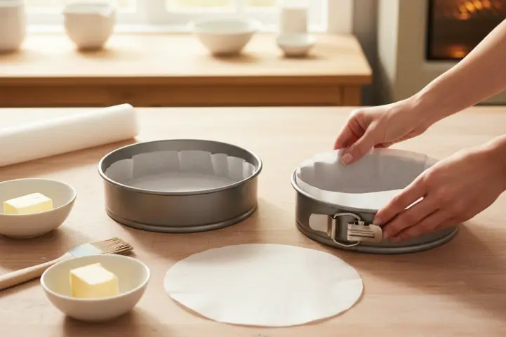 Preparing Cake Pans for Eggless Red Velvet Cake | Blue Heaven Baking Guide Round cake pans greased and lined for baking eggless red velvet cake – Blue Heaven kitchen style