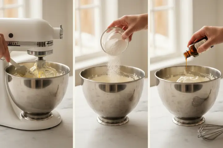 Making Cream Cheese Frosting for Eggless Red Velvet Cake | Blue Heaven Recipe Blog Beating cream cheese and butter in a mixer to make frosting for eggless red velvet cake – Blue Heaven baking process