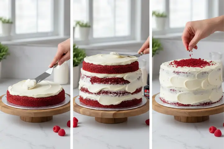 Assembling Eggless Red Velvet Cake with Cream Cheese Frosting | Blue Heaven Recipe Blog Layering and frosting eggless red velvet cake with cream cheese frosting on a wooden stand – Blue Heaven recipe process