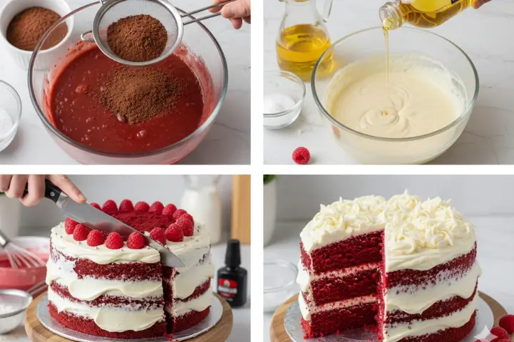 Pro Baking Tips for Eggless Red Velvet Cake | Blue Heaven Kitchen Secrets Sifting cocoa powder and slicing frosted eggless red velvet cake – expert baking tips from Blue Heaven kitchen
