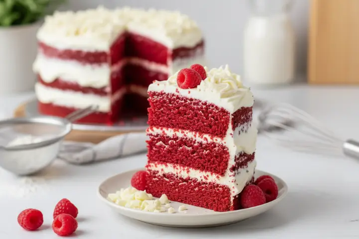 Eggless Red Velvet Cake with Cream Cheese Frosting | Blue Heaven Special Recipe Beautiful layered eggless red velvet cake with cream cheese frosting and fresh raspberries – Blue Heaven signature recipe